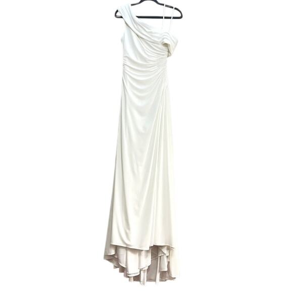 Mac Duggal Foldover Off-Shoulder Asymmetric Ruched White Jersey Maxi Gown sz 14 - Picture 9 of 16